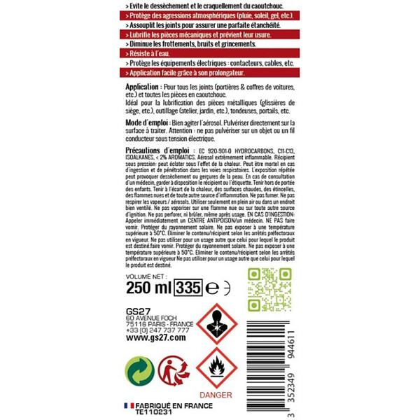 Lubrifiant silicone antifriction 250 ml